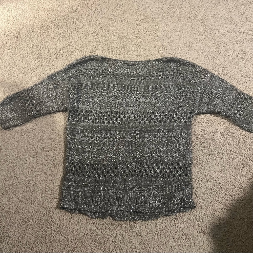Roz & Ali Petite Open Knit Metallic Sweater Scandi Girl Minimalist Cozy Size PL
